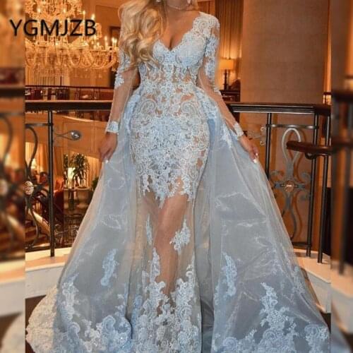 Sexy Long Sleeves Evening Dresses 2019 Mermaid Detachable Train Appliques Lace Tulle See Through Women Formal Party Prom Gown