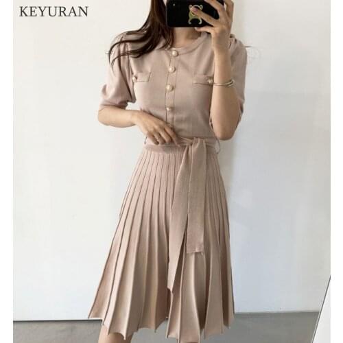 2021 Summer Knitted Vintage Women Long Dress Half Sleeve Single-breasted Belted Pleated Dresses Elegant Fashion Ladies Vestidos