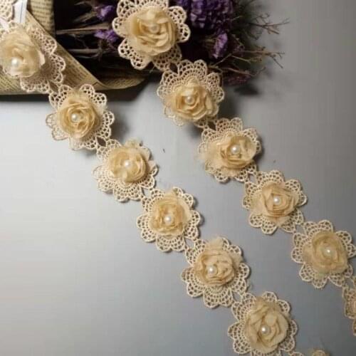 10pcs/lot Gold 5x5cm Pearl 3D Flower Tassel Lace Trim Ribbon Fabric Embroidered Applique Sewing Craft Wedding Dress Clothes