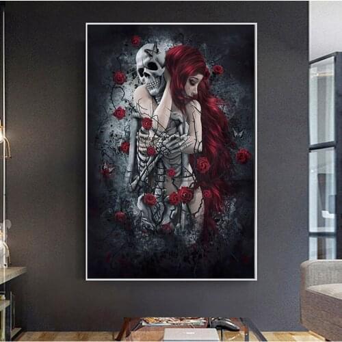 Abstract Skull Girl Canvas Art Posters and Prints Dark Rose Flowers Wall Art Paintings Pictures Cuadros for Living Room Decor