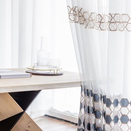 Geometric Embroidery Tulle for Kitchen Living Room Bedroom Pastoral Window Screen Sheer Finished Transparent Home Decor