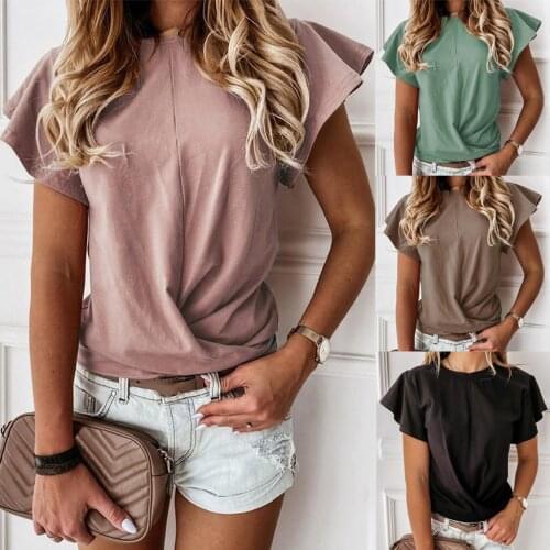 Blouse Women Solid Ruffles O-neck Short Sleeves Blouse Tops Office Lady Vintage Puff Sleeve Blouse Women Women Clothing