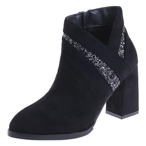 2020 New Female High Heel Boots Fashion Zipper Workplace Pointed Suede Sequins Classic Mature Black Female Ankle Boots B23-05