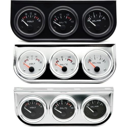 Oil Temp Oil Pressure Volt Gauge 52mm 3 in 1 Triple Gauge Kit Black/Chrome Bezel Black/White Face With Temp&Pressure Sensor
