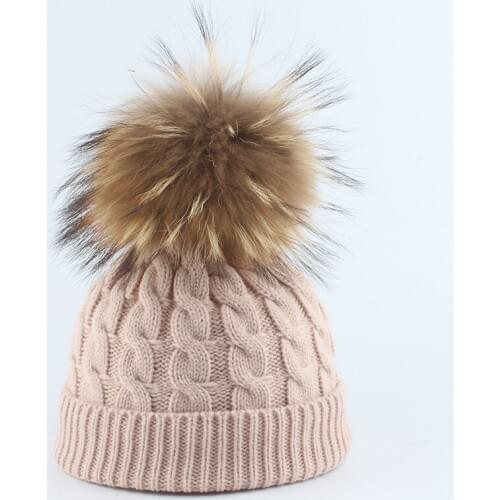 Kid Hat Boy Girl Winter Real Raccoon Fur Pompom Beanie Warm Autumn Brim Outdoor Skiing Accessory For Child