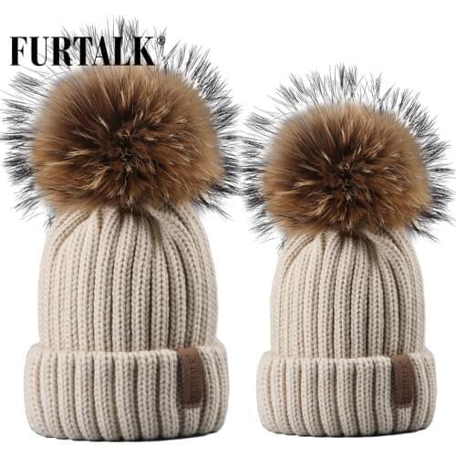 FURTALK Winter Hat Women Knitted Beanie Hat Real Raccoon Fur Pompom Hat for Female Kids Warm Chunky Thick Stretchy Hat