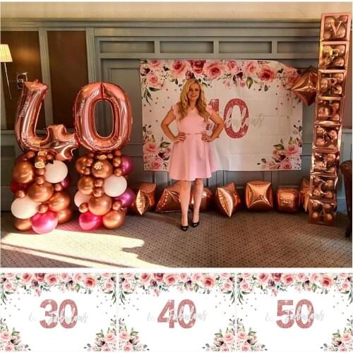 Happy 30th 40th 50th 60th Birthday Party Backdrop for Pink Watercolor Flower Rose Gold Decoration Photography Background Banner