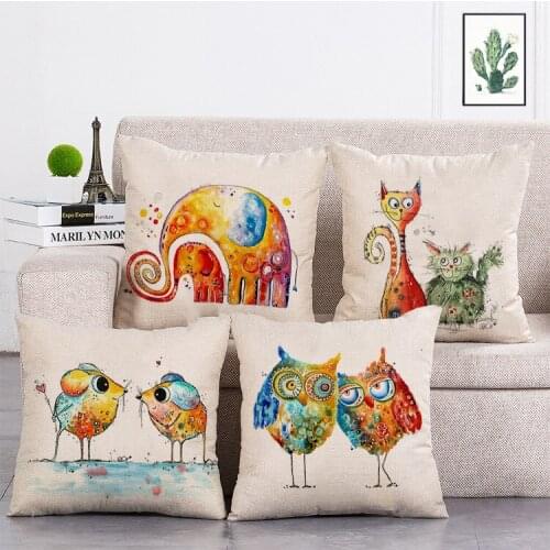 Colorful graffiti elephant mouse cat Owl Printed Cushion Cover Linen Throw Pillow Car Home Decoration Decorative Pillowcase T483