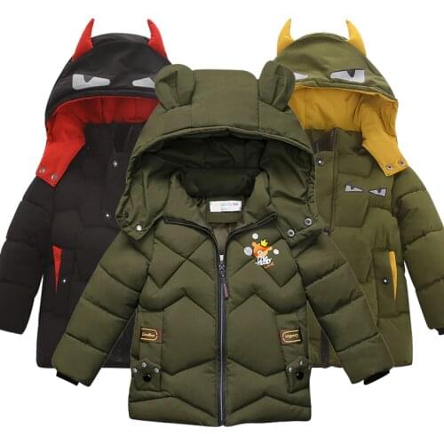 Fashion winter boys jacket New childrens coat little devil winter boy Cartoon bear print decoration baby hooded cotton jacket