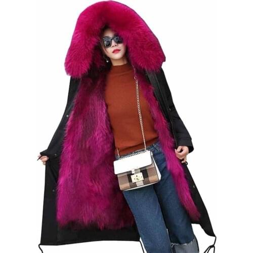 Fashion Winter Faux Raccoon Fur Liner Parker Coats Women Fox fur collar Hooded Parkas Female Plus size Loose Long Jackets G272