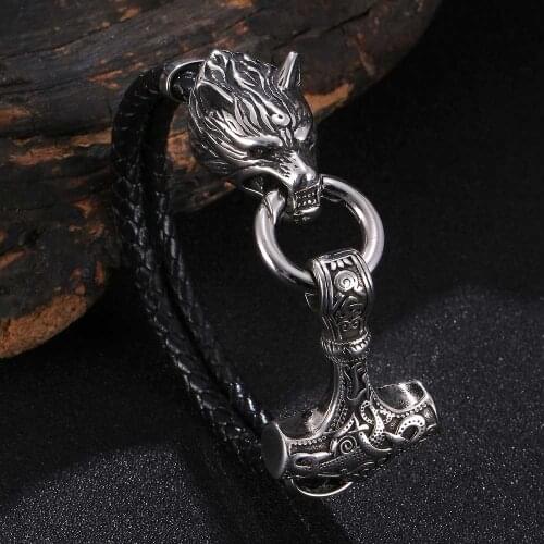 Fashion Stainless Steel Wolf Head Norse Viking Amulet Thor Hammer Men Leather Bracelet Vintage Male Jewelry Gift