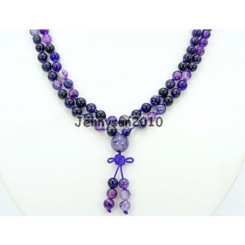 Natural Purple Stripe Ag-ate 6mm Gems Stone Buddhist 108 Beads Prayer Mala Knot Necklace Multi-Purpose 5Strands/Pack
