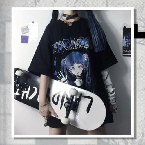 New Hip-hop Short-sleeved T-shirt Female Summer Harajuku Style JK Loose Dark Black Large Size Top Ins Punk Clothes Tee Print