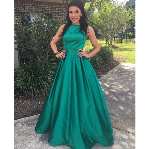 Dark Green A-Line Bead Sash Graduation Dresses Jewel Neck Satin Party Gown For Girl Long Train Prom Dress