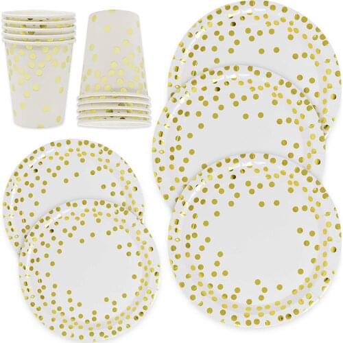 Gift Boutique Gold Dot Disposable Tableware Plates Cups Dinnerware Sets Metallic Foil for Graduation Christmas Wedding Birthday