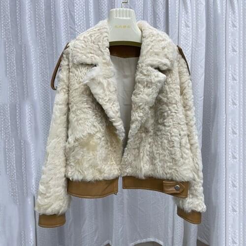 Rf21110 2021 new arrival womens real sheep fur jacket with genuine leather hem and cuffs