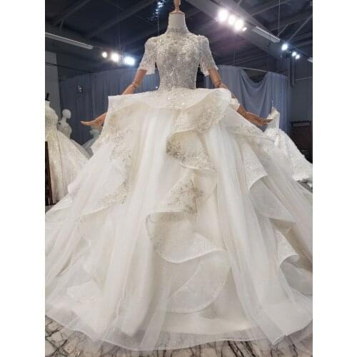 Luxury Full Beaded Custom Made Wedding Dress 2021 Ruffles Skirt Vintage Long Sleeves High Neck Plus Size Bridal Gown