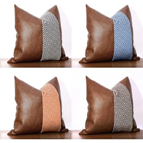 Nordic Modern Pu Splicing Cushion Cover 45*45cm Classic Rhombus Pillowcase Hotel Villa Model Room Decor Sofa Throw Pillowcase