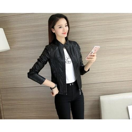Spring and autumn women fashion slim water wash stand collar long sleeve faux leather jacket female short design pu outerwear