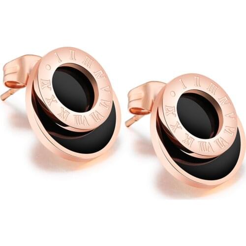 JeeMango Classic Roman Numeral Rose Gold Titanium Steel Stud Earrings Jewelry Female Black Round Earrings For Women JE17051
