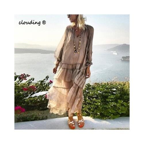 Beach Women Maxi Dress 2021 Bohemian Summer Sundress Lace Vestido Transparent Casual Loose Vintage Layered Dress Plus Size