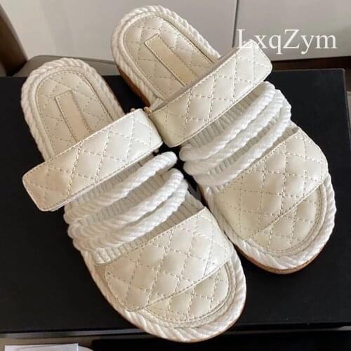 2021 New Brand Summer Slippers Womens Thick Soled Retro Velcro Roman Shoes Open Toe Hemp Strap Sweet Female Sandals Handmade