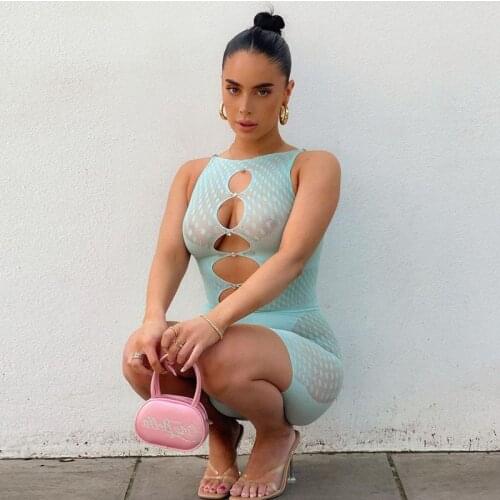 Women Summer Sleeveless Mesh See Through Bodycon Shorts Jumpsuit One Piece White Rompers 2021 Female Clothes Wholesale Items