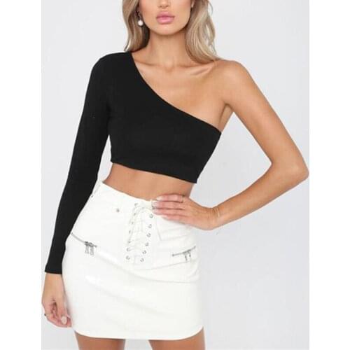 Women Slim Sexy One Shoulder Long Sleeve Leisure Bodycon Crop Tops Skew T-shirts Collar Unique Black Streetwear 2021 Solid Tops
