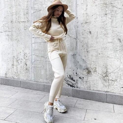 Women Autumn Long Sleeve Turtleneck Sweater Pants Tracksuit Sporting Suit Femme Clothing Drawstring Pants Casual Oufit 2021