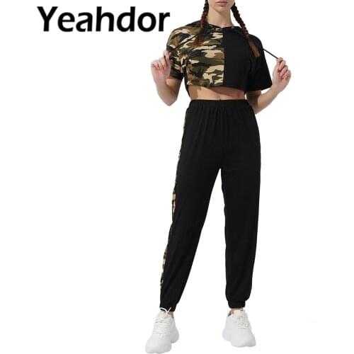Women Camouflage Print Sport Suit Sportwear Hooded Short Sleeves Cropped Tops and Pants Set for Running Gym Fitness Workout