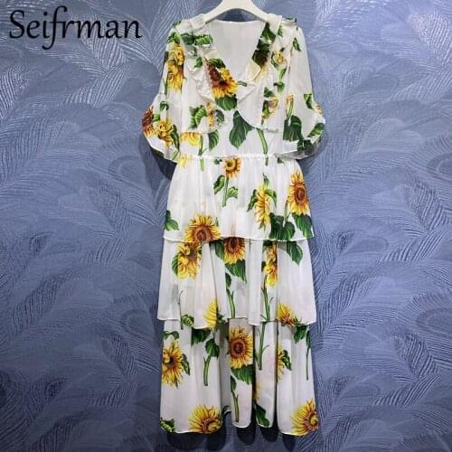 Seifrmann New 2021 Summer Women Fashion Designer Holiday Long Dress Sexy V-Neck Ruffles Lace High Waist Floral Printed Dresses