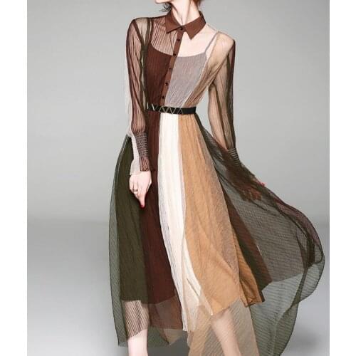 Womens European fashion spring summer contrast color long dress female high waist slim sexy perspective chic mesh dress TB914