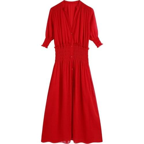 European and American womens fashion retro bubble sleeve elastic waist waist dress single breasted temperament chiffon skirt