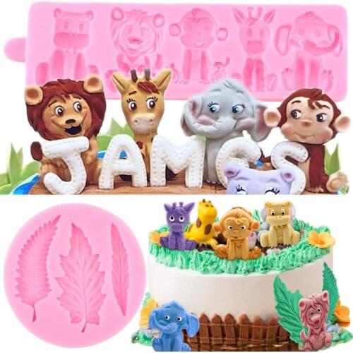 2Pcs Animals Leaves Silicone Molds Lion Elephant Bear Baby Birthday Fondant Cake Decorating Tools Candy Clay Chocolate Moulds