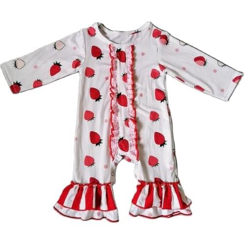 2020 spring strawberry patern Girls ruffle placket romper with buttons Hot Sale New style romper for baby girl
