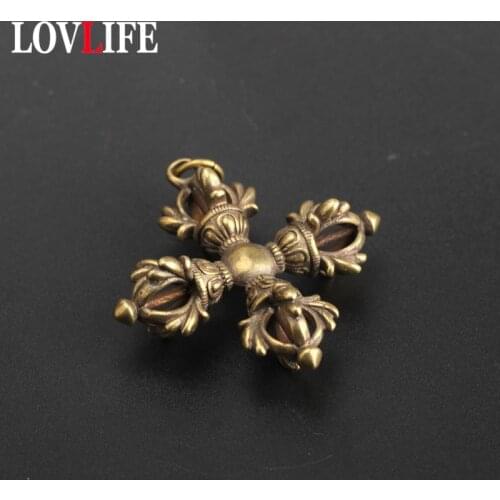Copper Buddhism Dorje Cross Vajry Pestle Keychain Pendant Vintage Brass Metal Key Chains Bag Charm Key Rings Artwork Collection