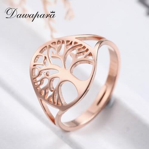 Dawapara Vintage Stainless Steel Tree of Life Ring for Women Hollow Resizable Rosegold Color Adjustable Couple Rings