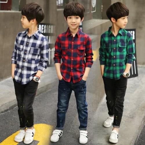 Childrens clothing boy cotton shirt with lapel and long sleeve shirt Fashionable joker 4-15 years old