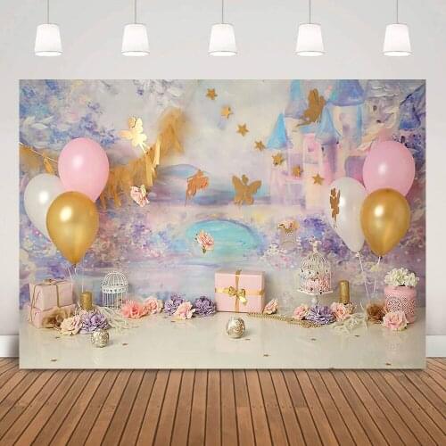 Butterfly Elves Birthday Cake Smash Backdrop for Kids Balloons Gift Flowers Portrait Background Painting Castle Wall Photography