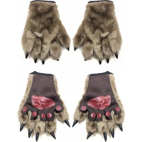 Halloween Bear Palm Gloves Cosplay Werewolf Gloves Makeup Ball Tricky Plush Animal Gloves Warm Animal Claw Hand-Shaped