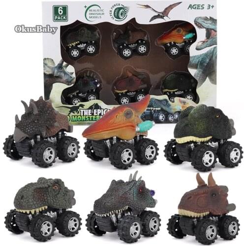 6pcs Set Toy Vehicle Dinosaur Model Mini Toy Car Inertial Back Small Truck For Kids Christmas Gift Set with Color Original Box