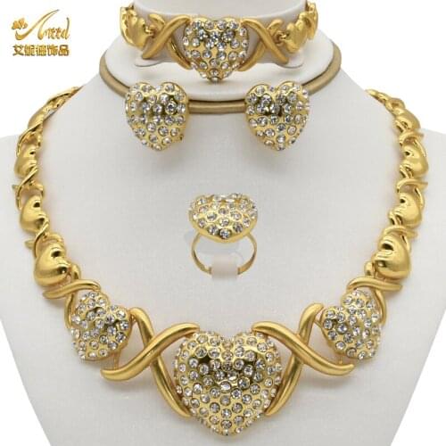 Indian Bride Heart Jewelery Sets Gold Necklace Rings Bracelet Earring Set For Women Dubai France Wedding Party Ethiopia Jewelry