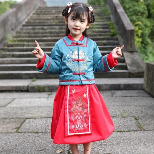 Winter autumn Girls Chinese National Style Sets Dresses+Coat 2PCS Suit Traditional Tang Dynasty Girl Thick Warm Retro Clothes