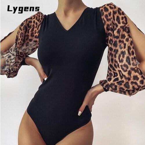 Lygens French Retro Clothing Sleeve Bodycon Montage Printing Leopard V-Neck Sexy 2021 Summer Fashion Club Bodysuit Eleagant