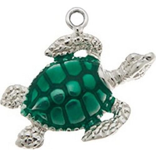 Metal Alloy Silver Plated Green Enamel Sea Animal Turtle Charm Pendant