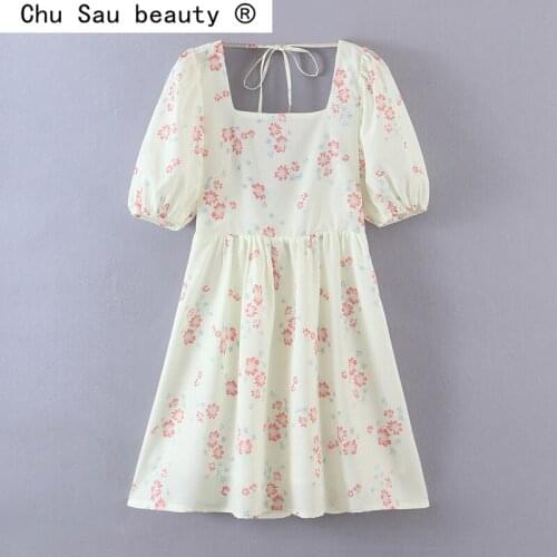 New Fashion Sweet Chic Floral Printed Backless Mini Dress Women Summer Holiday Style Lantern Sleeve Princess Dresses Female