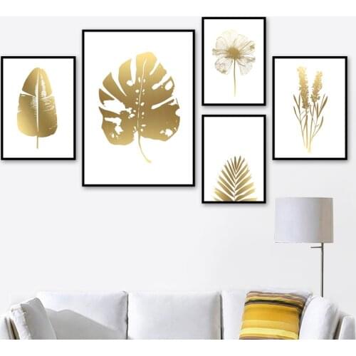 Home Decor Modular Nordic Simple Canvas Painting Gold Leaf Plant Posters And Prints Decorative Pictures For Bedroom Dining Room