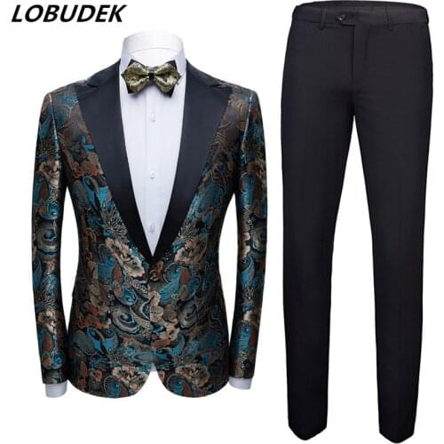 Mens Suit 2 Piece Stylish Vintage Embroidery Jacquard Suits Fashion Slim Fit Tuxedo Costume For Singer Host Wedding Banquet Set