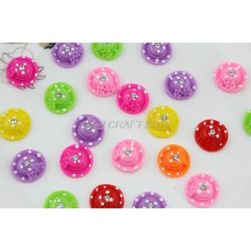 Set of 100pcs Kitschy polka dots hat with flowers rhinestones cabochons, flatback charm for hair accessories diy crafts 0.7inch