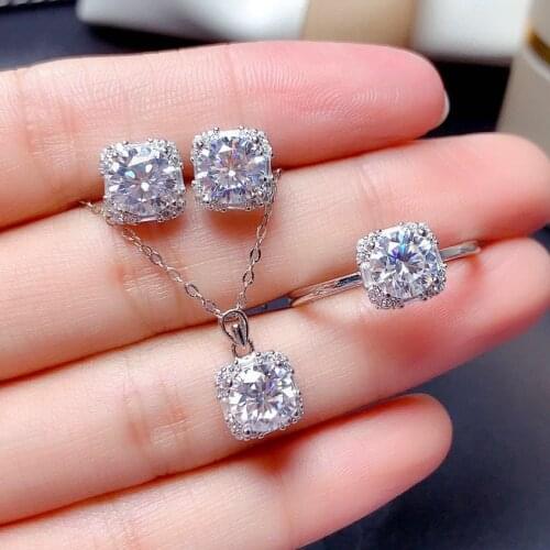 Real Diamond Jewelry Set for Women Genuine 925 Sterling Silver Gemstone Pendant Necklace Earring Ring for Engagement Gifts